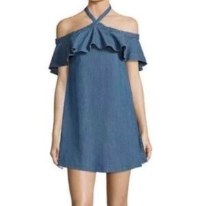 Alice + Olivia $395 Alexia Ruffle Off-Shoulder Halter Mini Dress Blue Denim Blue